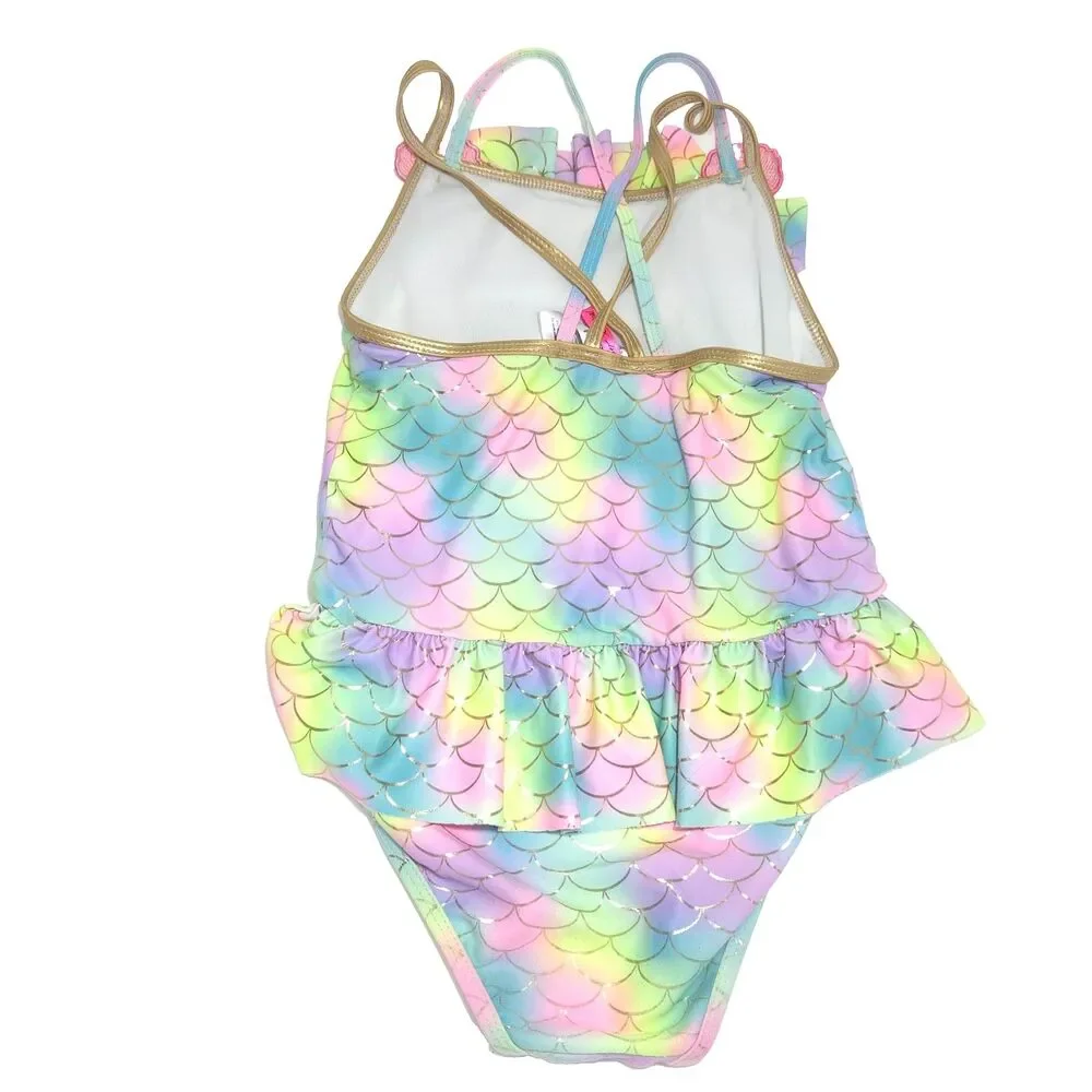 Betsey Johnson Girls Mermaid Swimsuit S 7/8 Rainbow Scale Ruffle Shells Pilling